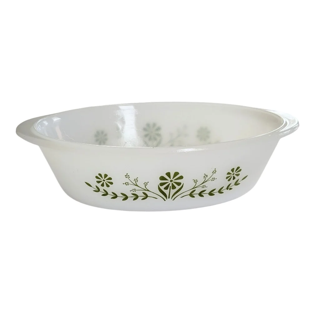 Glasbake Vintage J235 Green Floral Oval Dish